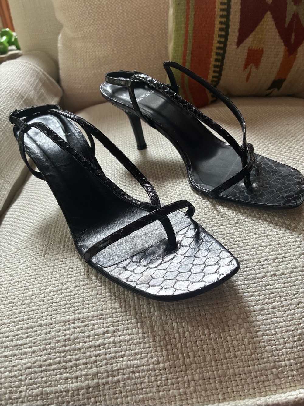Vera Wang Black Snake-Embossed Strappy Heeled Sandals